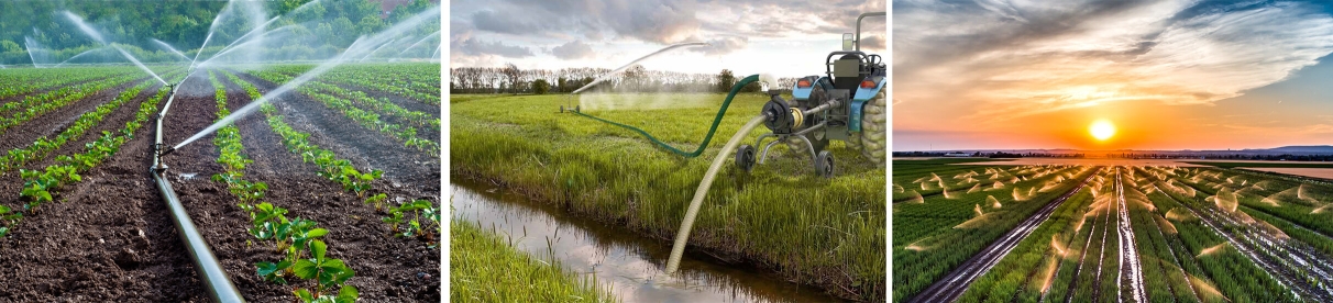 Wassergewinnung per Pumpe im fließenden Gewässer für eine Sprinkleranlage auf dem Feld.